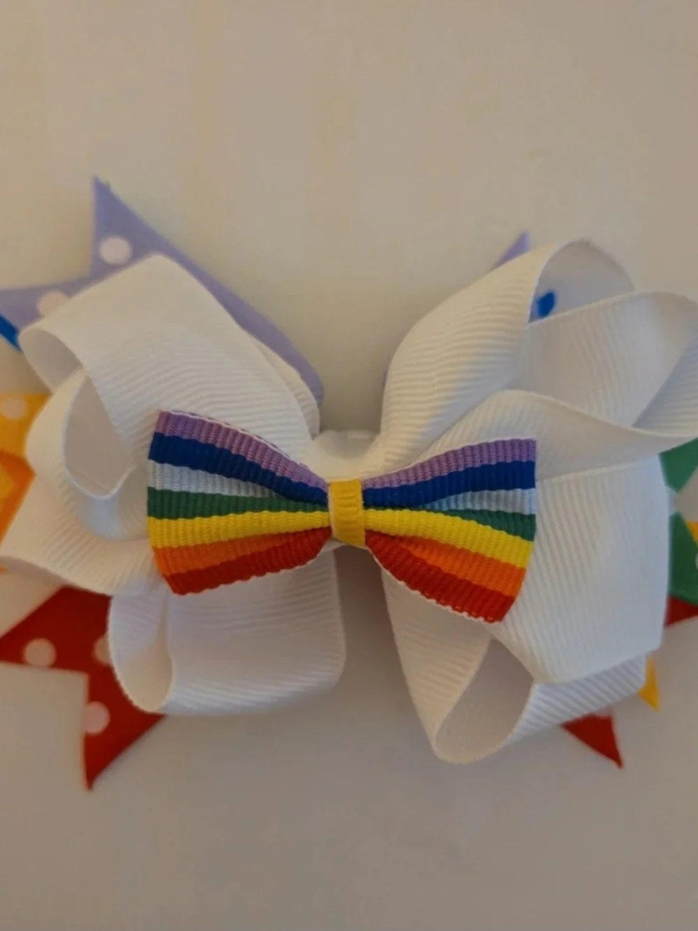 White Hair Bow with Rainbow Accent - Kids